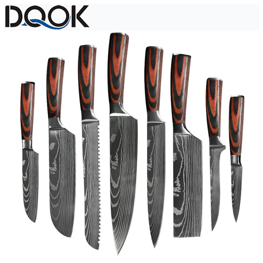 Chef Knife 1-10 Pcs Set Kitchen Knives Laser Damascus Pattern Sharp Japanese Santoku Knife Cleaver Slicing Utility Knife